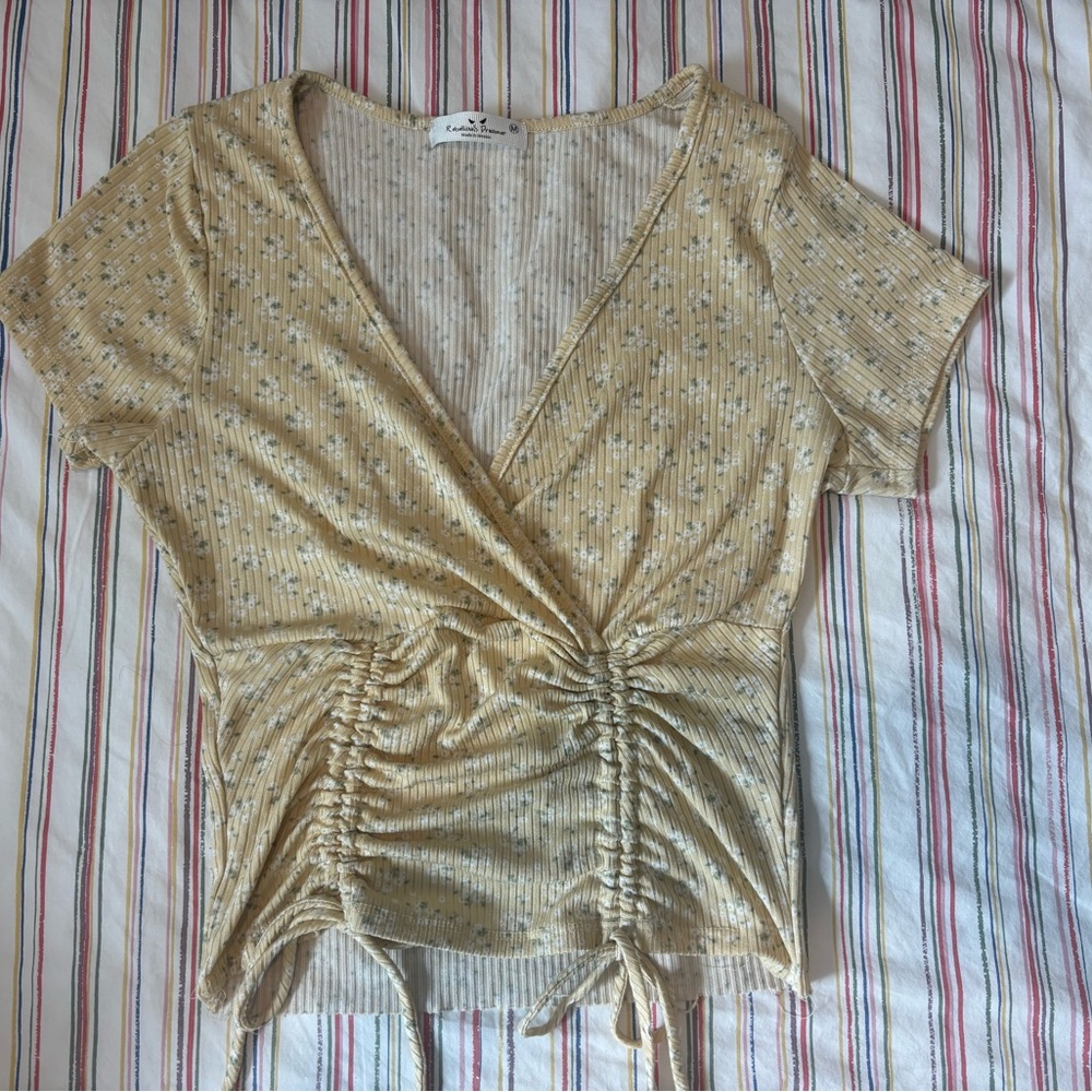 Anthropologie Gold Ruched Tie Front Blouse